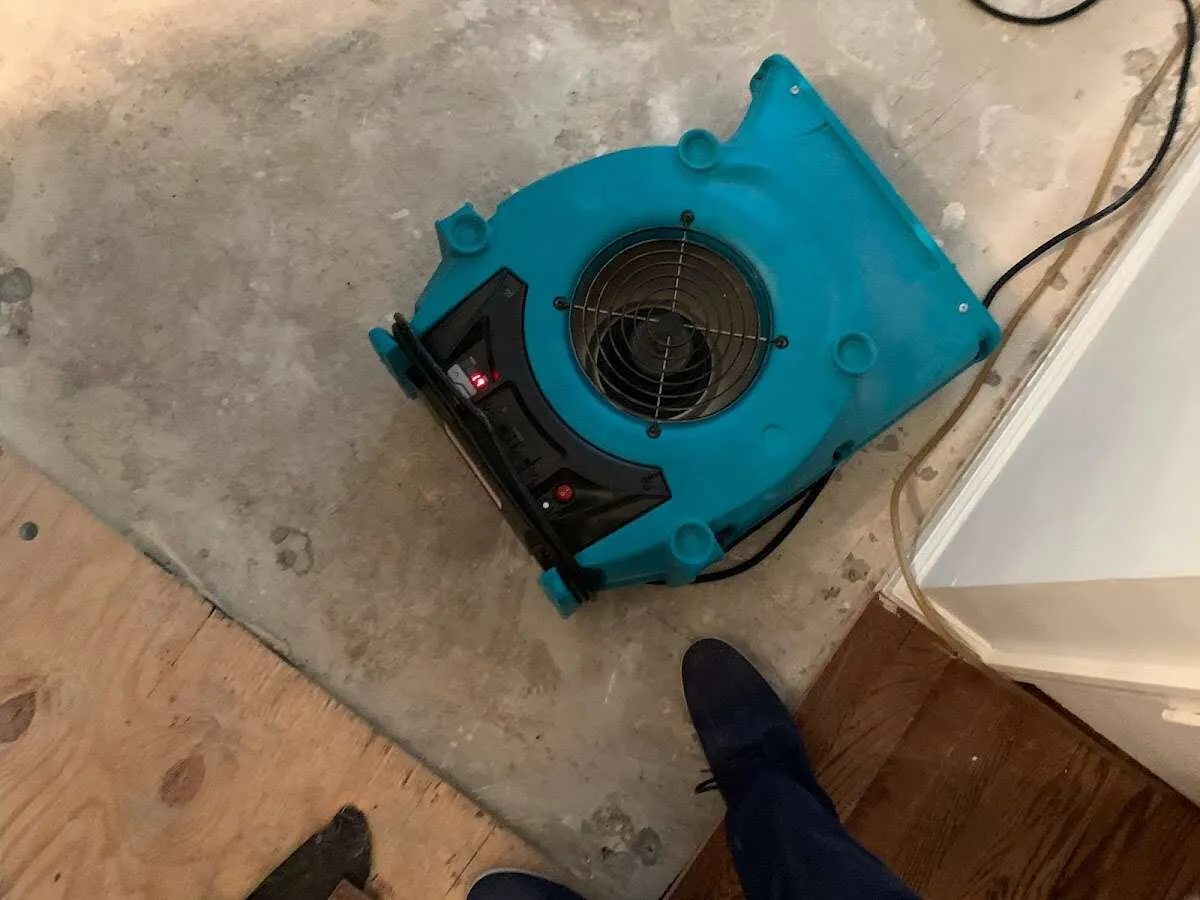Air mover drying subfloor during Commercial Water Damage Restoration in World Golf Village